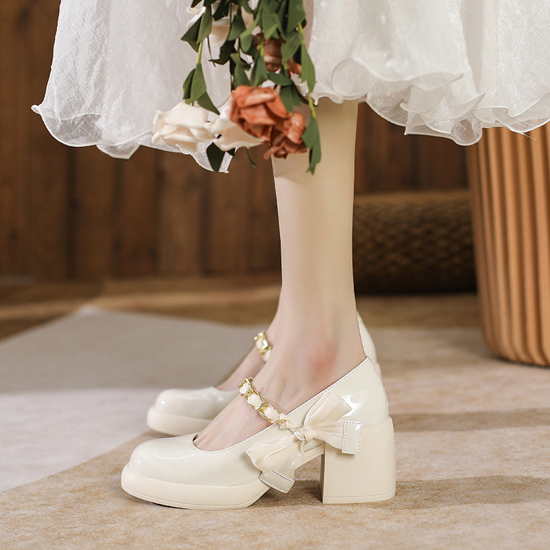 Scarpe con tacco alto bianche a punta Mary Jane per donna in stile francese